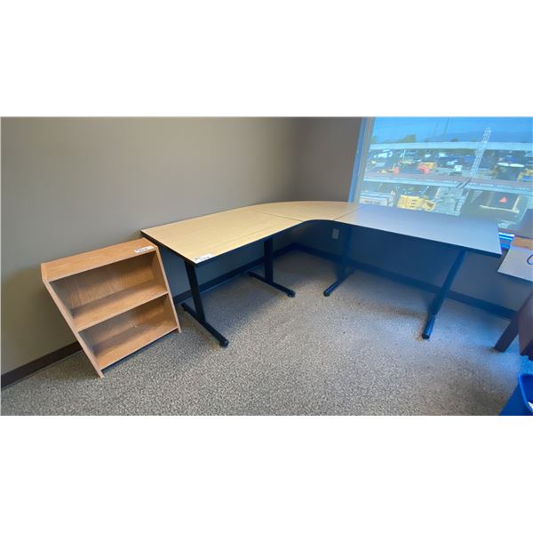 LIGHTWOOD/BLACK CURVED WORK DESK APPROX 70" X 70" X 29"H & SMALL SHELVING UNIT