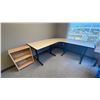 Image 1 : LIGHTWOOD/BLACK CURVED WORK DESK APPROX 70" X 70" X 29"H & SMALL SHELVING UNIT