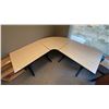 Image 2 : LIGHTWOOD/BLACK CURVED WORK DESK APPROX 70" X 70" X 29"H & SMALL SHELVING UNIT