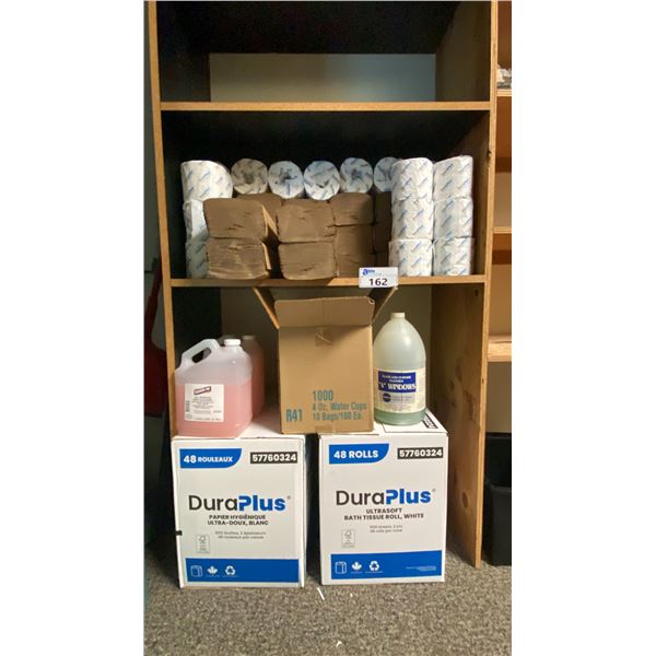 2 BOXES OF TOILET PAPER, APPROX 22 PACKS OF PAPER TOWEL, 2 JUGS OF SOAP, WINDOW/CHROME CLEANER,