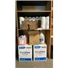 Image 1 : 2 BOXES OF TOILET PAPER, APPROX 22 PACKS OF PAPER TOWEL, 2 JUGS OF SOAP, WINDOW/CHROME CLEANER,