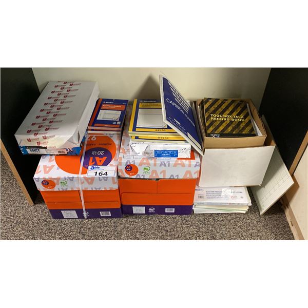 LARGE GROUP OF ASSORTED OFFICE PAPER, CARBON PAPER, RECORD BOOKS, SALES ORDER SLIPS, NOTE PADS &