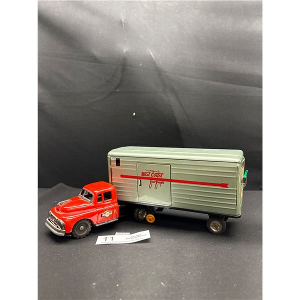 1950's Tin Litho Truck and Trailer West Coast Fast Freight In Excellent Condition