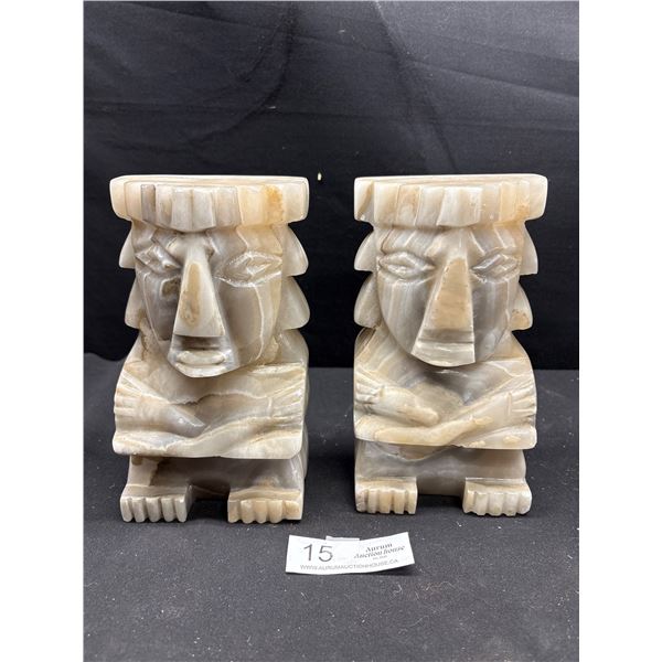 Vintage Carved Ston Onyx Marble Aztec Mayen Tiki Satue Book Ends