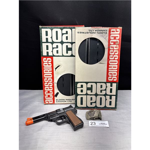 Vintage Cap Gun + US Military Belt Buckle and Unopened Race Track