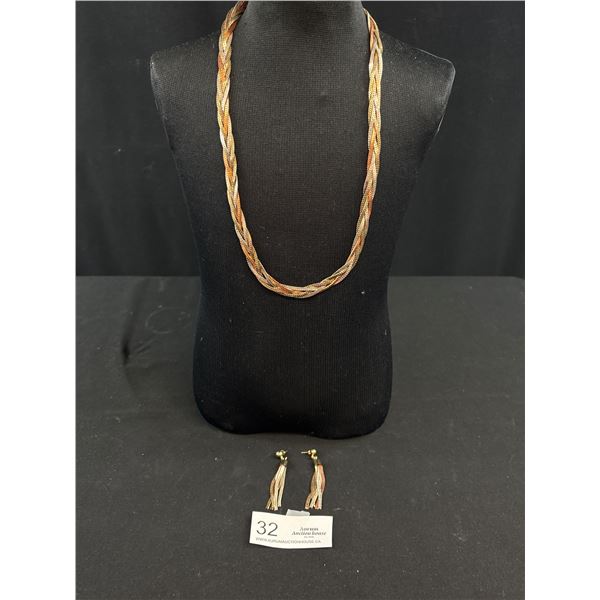 Vintage Braided White Yellow + Rose Gold Plated Necklace Earring Set Nice!