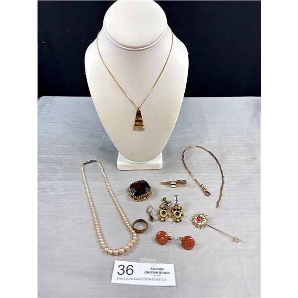 Antique Victorian Jewellry Lot Nice! Goldstone Gold Watch Chain Sterling Pearls, etc