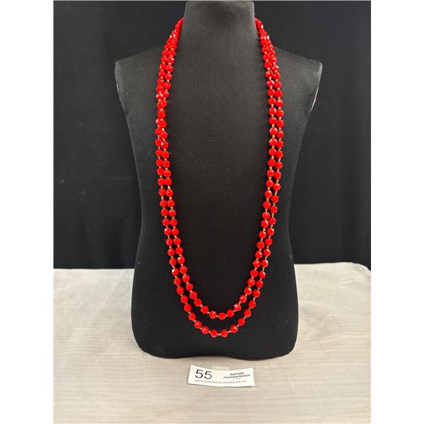 Antique C.1920 Genuine Art Deco Hand Knotted Red Faceted Glass Bead Flapper Necklace Beauty