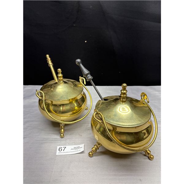 2 Brass Lidded Pots with Handles