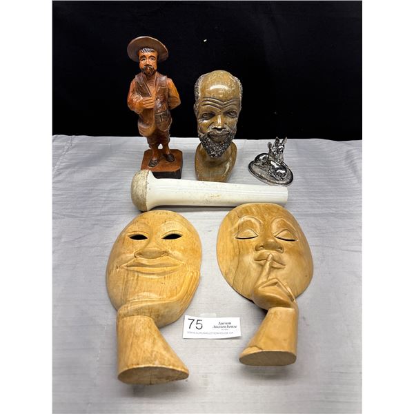 Nice Home Décor Lot with Wooden Carved Masks, Stone Head Scultpture, Wooden Carving, etc