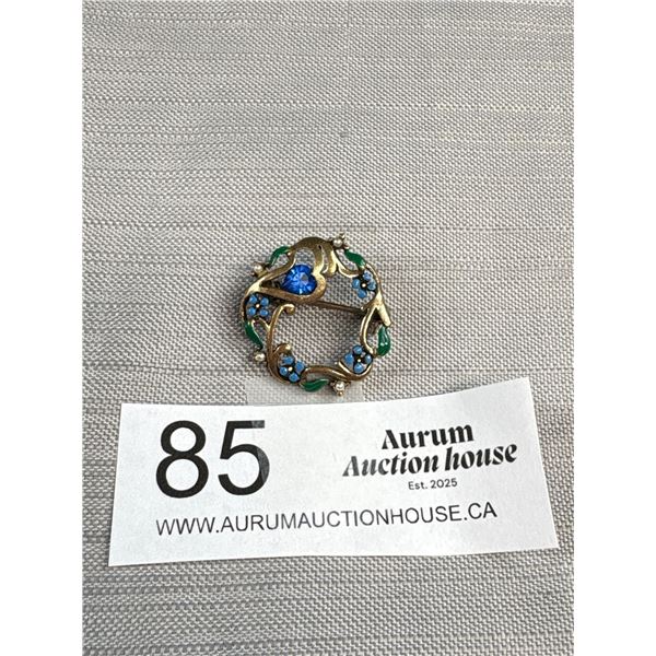 Delightful Old Enamel Forget Me Not Flower Brooch Heart Shaped Gem Stone