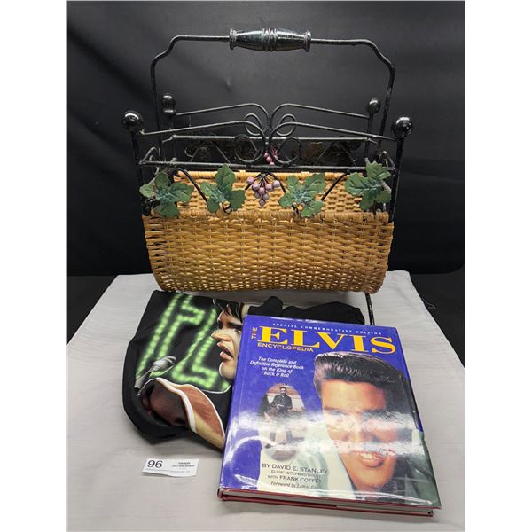 Vintage Decorative Magazine Rack with Elvis Book and T Shirts