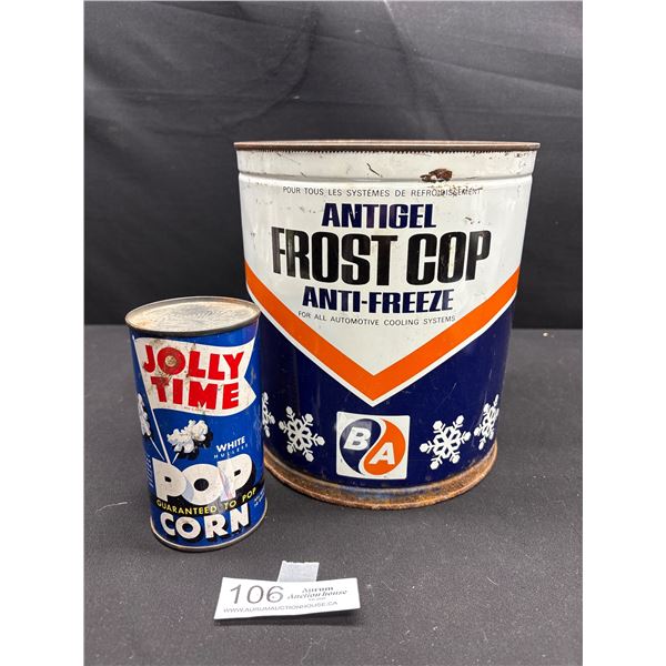 Vintage 1 Gallon B.A. Anti Freeze Can + Unopened Jolly Time Popcorn Tin