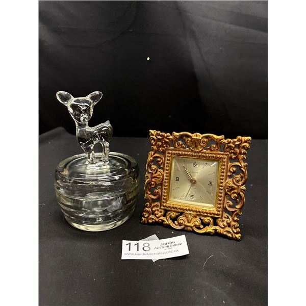 Vintage Jeannette Glass Trinket Jar with Fawn Finyal and Ornate Mantle Clock