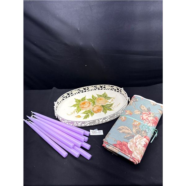 Nice Vintage Oval Vanity Tray with 10 Tall Purple Candles and New Vintage Fabric