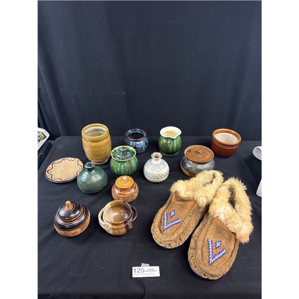 Nice Lot of Small Lidded Pottery Pieces + a Pair of Native Moccasins