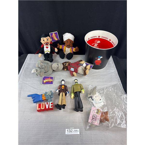 Vintage Snoopy Trash Can + Beatles Figurines and Munsters Plushies etc