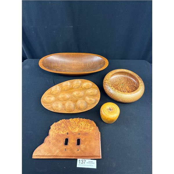 Vintage Handmade Wooden Collectible Lot of Trays, Turned Wooden Apple, etc