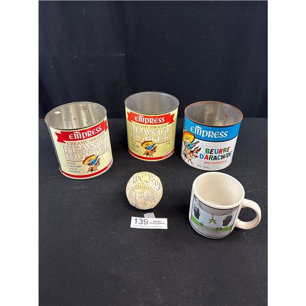 Collectible Lot of 3 Empress Peanut Butter Tins + Signed Basball and Farside Coffee Mug