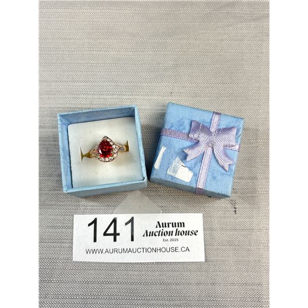 Very Nice Ruby Red Heart Shaped Gold Plated Ring Size 9 In box