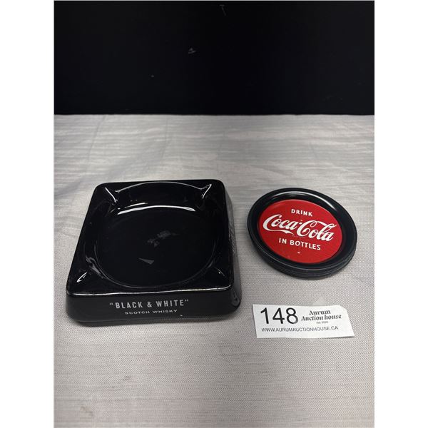 Vintage Porcelain Black and White Scotch Whiskey Ashtray + 6 Vintage Coca Cola Coasters