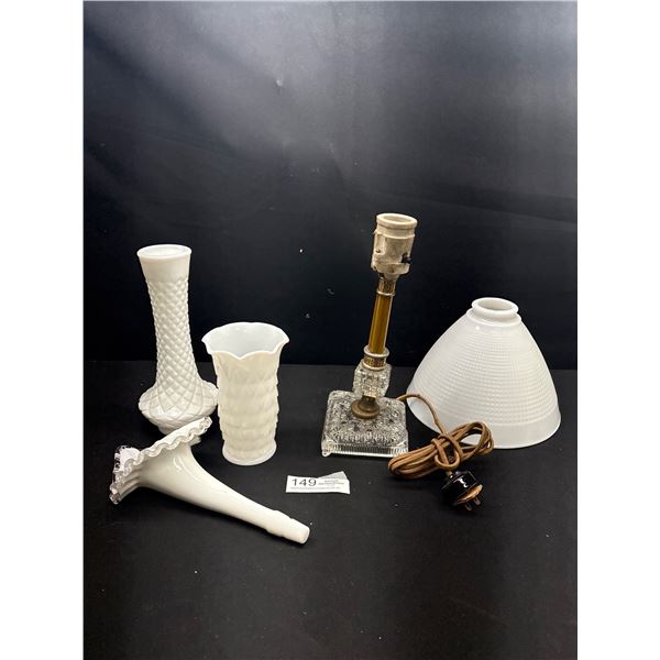 Very Nice Vintage Lot of Milk Glass Pieces and Table Lamp Base