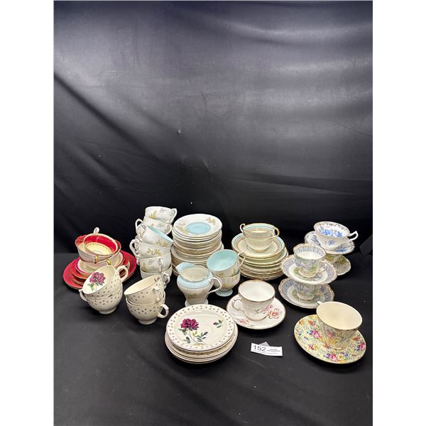 Large Lot of Bone China Teacups and Saucers, Cream and Sugar, Mostly Aynsleys