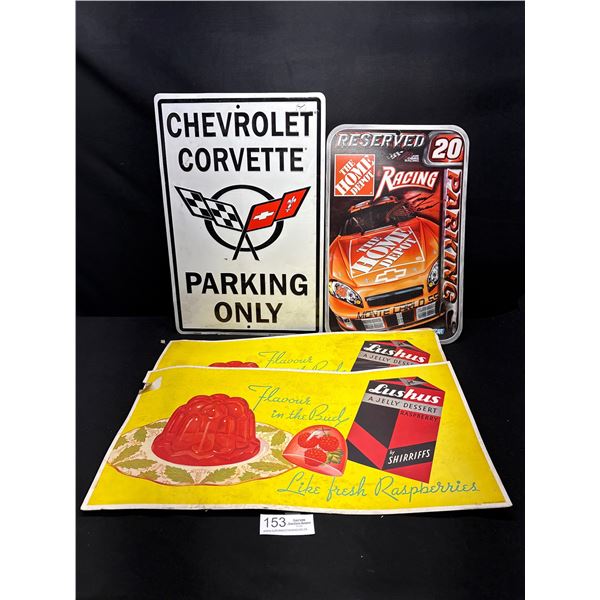 Collectible Lot Corvette Parking Only Sign Nascar Home Depot Sign and 2 Vintage Raspberries Store Ca