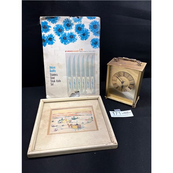 Very Nice Midcentury Lot Knife Set Mantle Clock and Old Painting