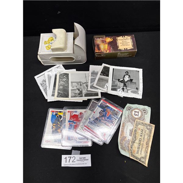 Collectible Lot of Black and White Photos, Old Money, Hockey Cars, and Wall Match Holder