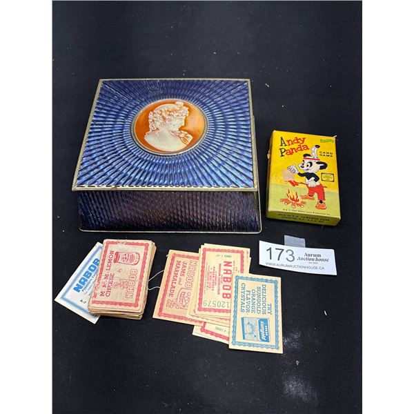 Vintage Tin Full of Old Nabob Coupons and Andy Panda Card Game