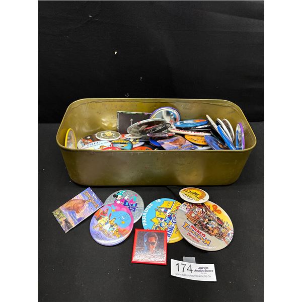 Large Lot of 50+ Collectible Pins in Metal Tray