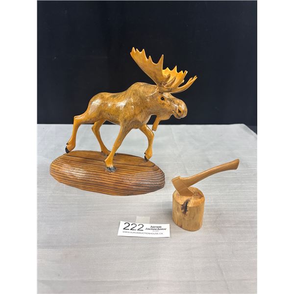Vintage Hand Carved Wooden Bull Moose with Ax and Log