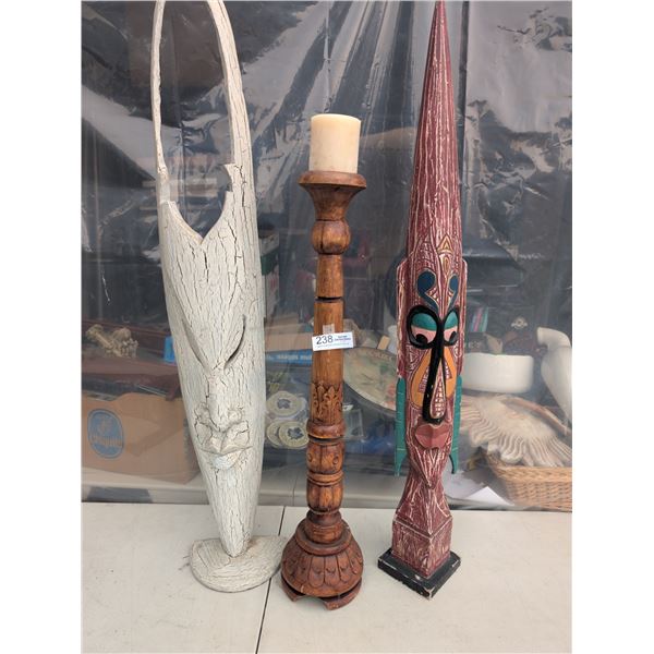 Lot of 3 Tall Home Décor Pieces Candle on Stick + 2 Masks NO SHIPPING