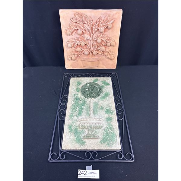 2 Very Nice Outdoor Ceramic Wall Plaques 1 with Wire Cage