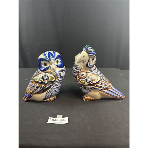 2 Vintage Mexican Folk Art Pottery Parrot and Owl