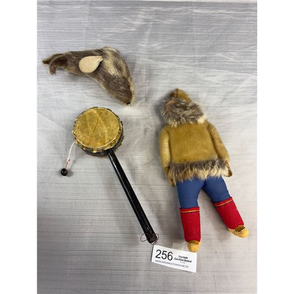 2 Sealskin Inuit Doll and Seal with Native Hand Drum