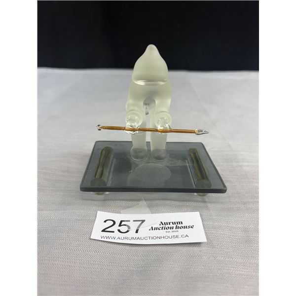 Very Nice Frosted Glass Eskimo Figure with Spear on Stand Nice Detail 3" Tall