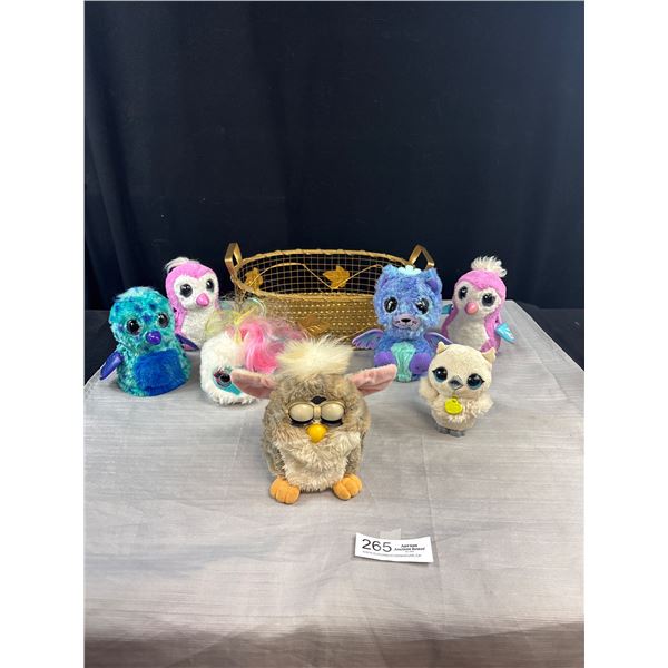 Lot of 7 Childrens Stuffed Toys, Working Furby etc. in Decorative Woven Basket