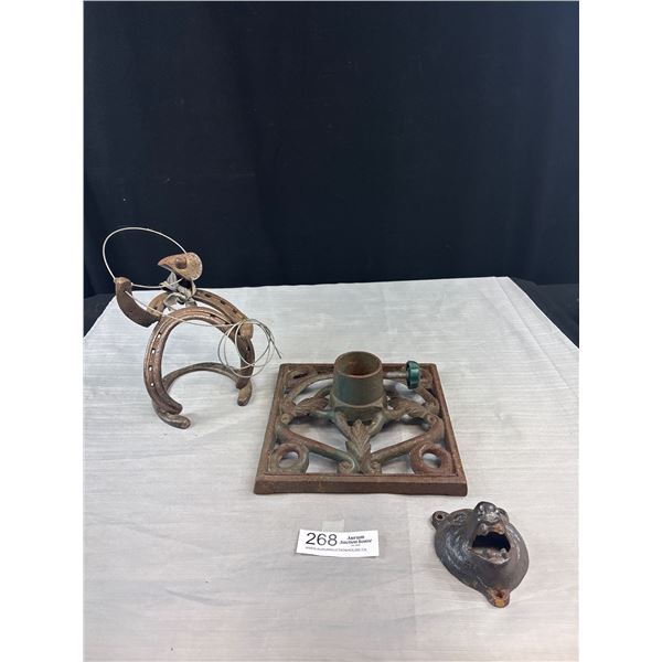 Vintage Cast Iron Lot Bottle Opener, Umbrella Stand, and Horseshoe Cowboy