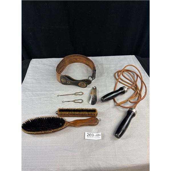 Vintage Men's Lot of Hairbrushes, Shoehorns, Leather Belt and Skipping Rope