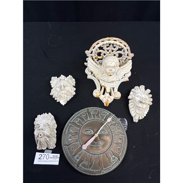 Vintage Garden Décor Lot Cast Iron Angel, Figural Heads, and Sundial