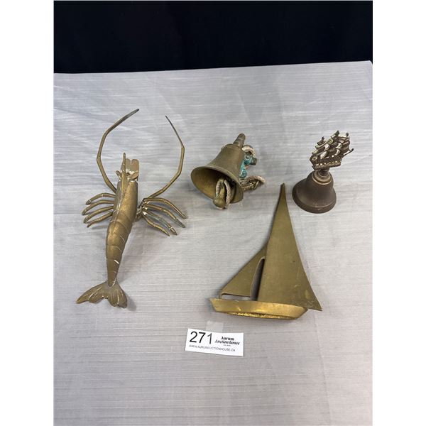 Vintage Brass Lot Lobster, Sailboat, and Bells