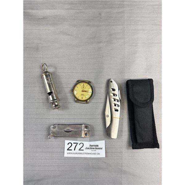 Vintage Collectible Lot of Old Whistle, Pocketknives, and Wristwatch Untested