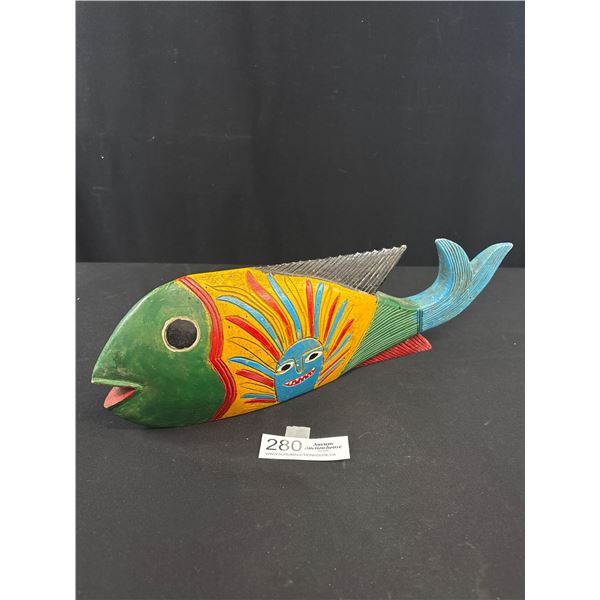 Vintage Large Mexican Folk Art Hand Carved and Painted Fish Approx 16" Long