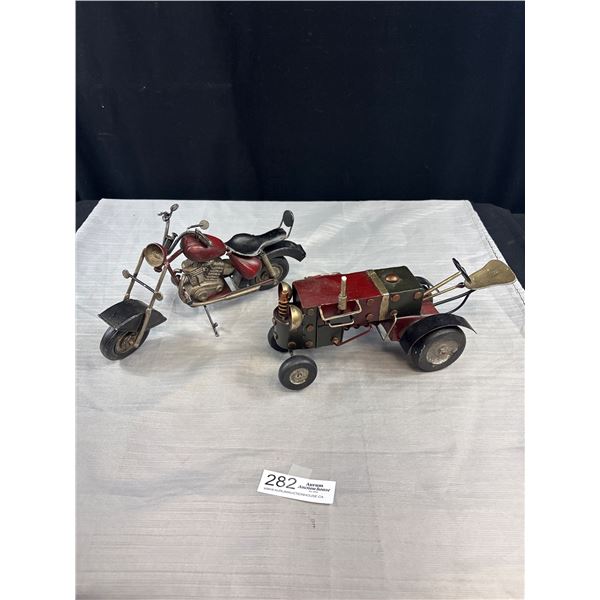 2 Very Nice Folk Art Pieces Motorcycle and Tractor