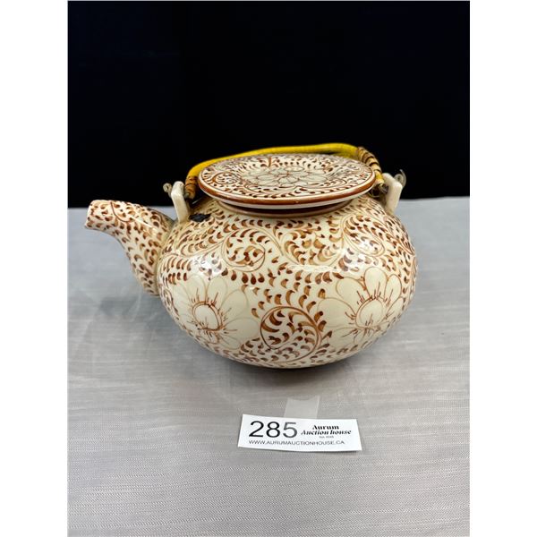Vintage Japanese Ceramic Tea Pot with Floral Plaque Pattern