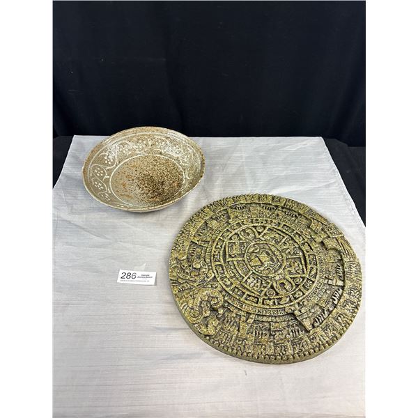 Aztec Sun Stone Garden Art + Vintage Ceramic Bowl