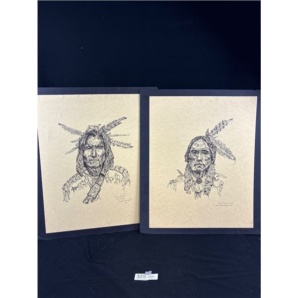 2 Large Natice Print/Sketches Sitting Bear 1974 Kiowa Nation John P Cummings