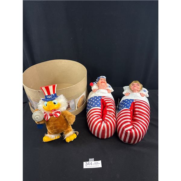 Vintage Pair of Ronald Reagan Sleeping Slippers and Sam the Olympic Eagle Stuffy